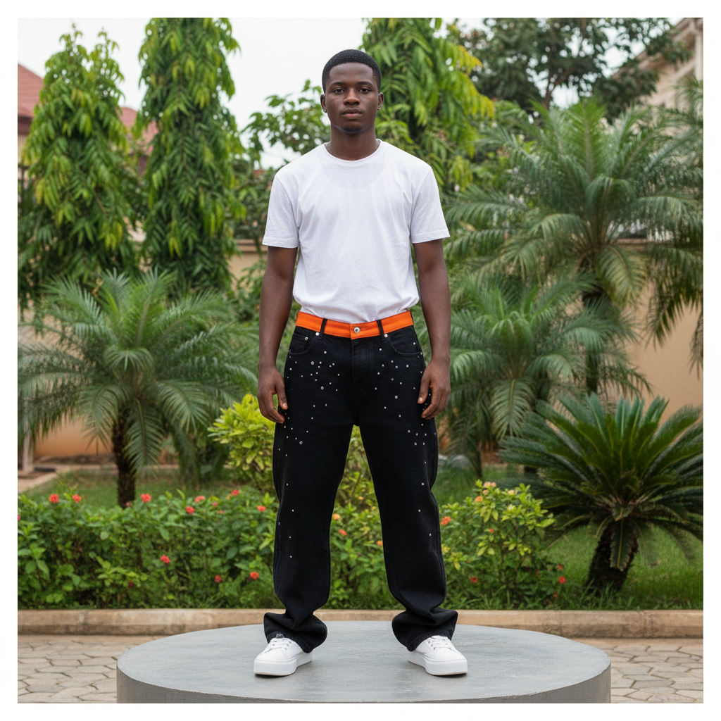 Nigerian male model full body wearing men's black orange lined rhinestone baggy denim jeans