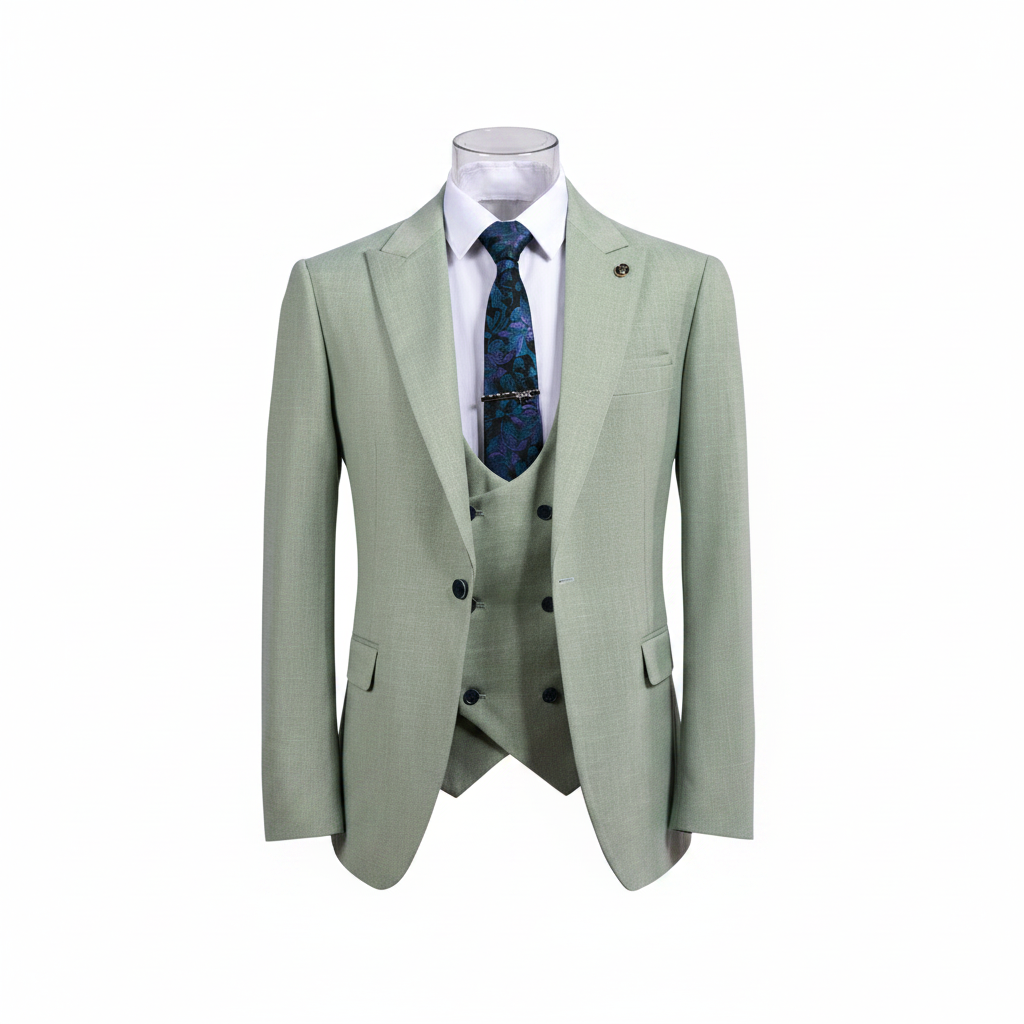 Ghost mannequin front view of sage green blazer and double-breasted waistcoat