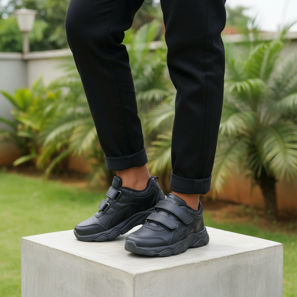Nigerian female model wearing all-black velcro chunky sneakers
