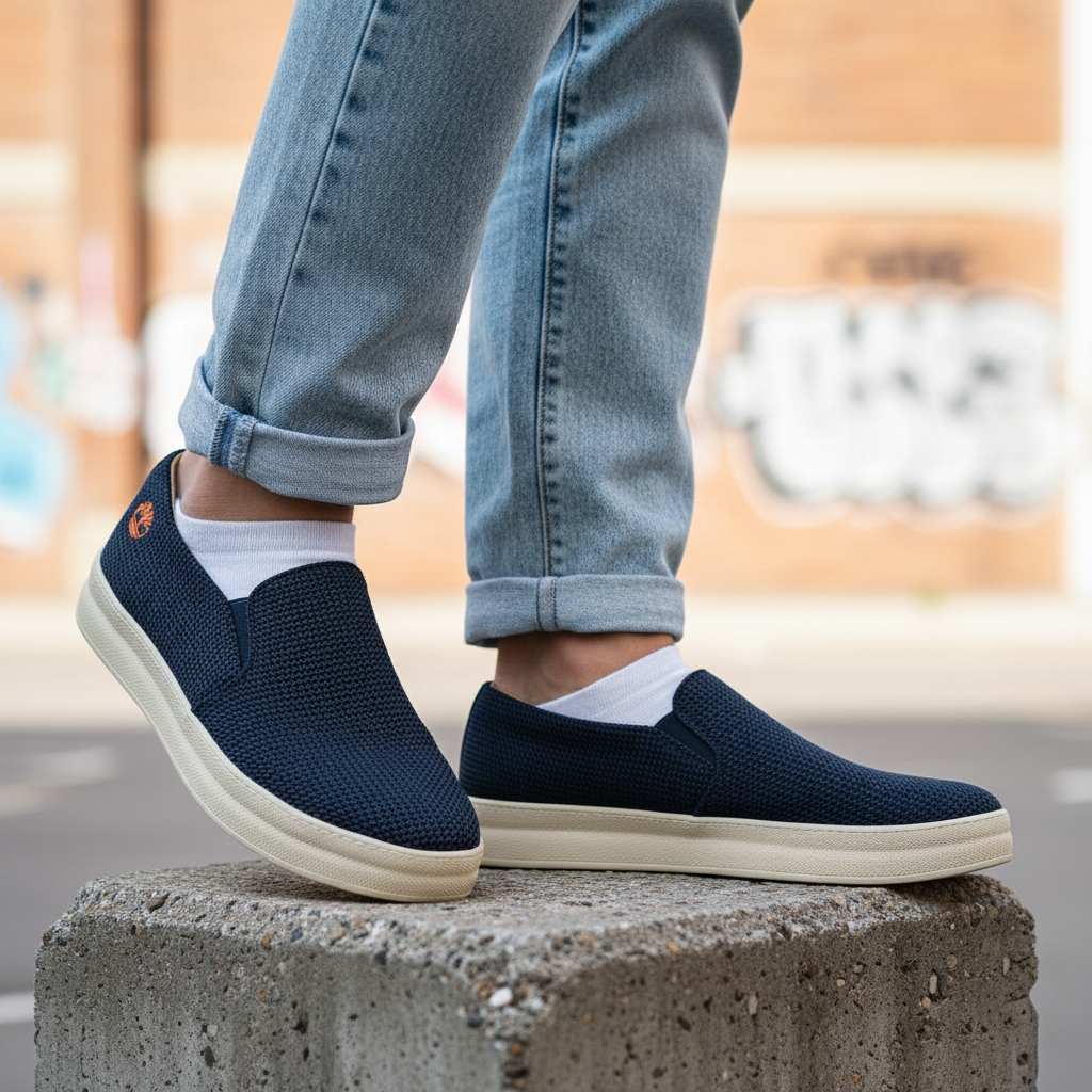 Model wearing navy blue woven knit slip-on casual shoes leg shot