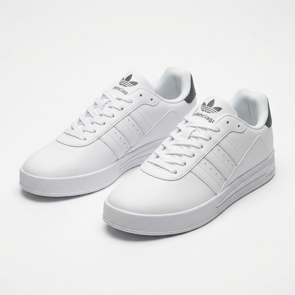 Pair of white tonal-stripe low-top cupsole sneakers on a white background