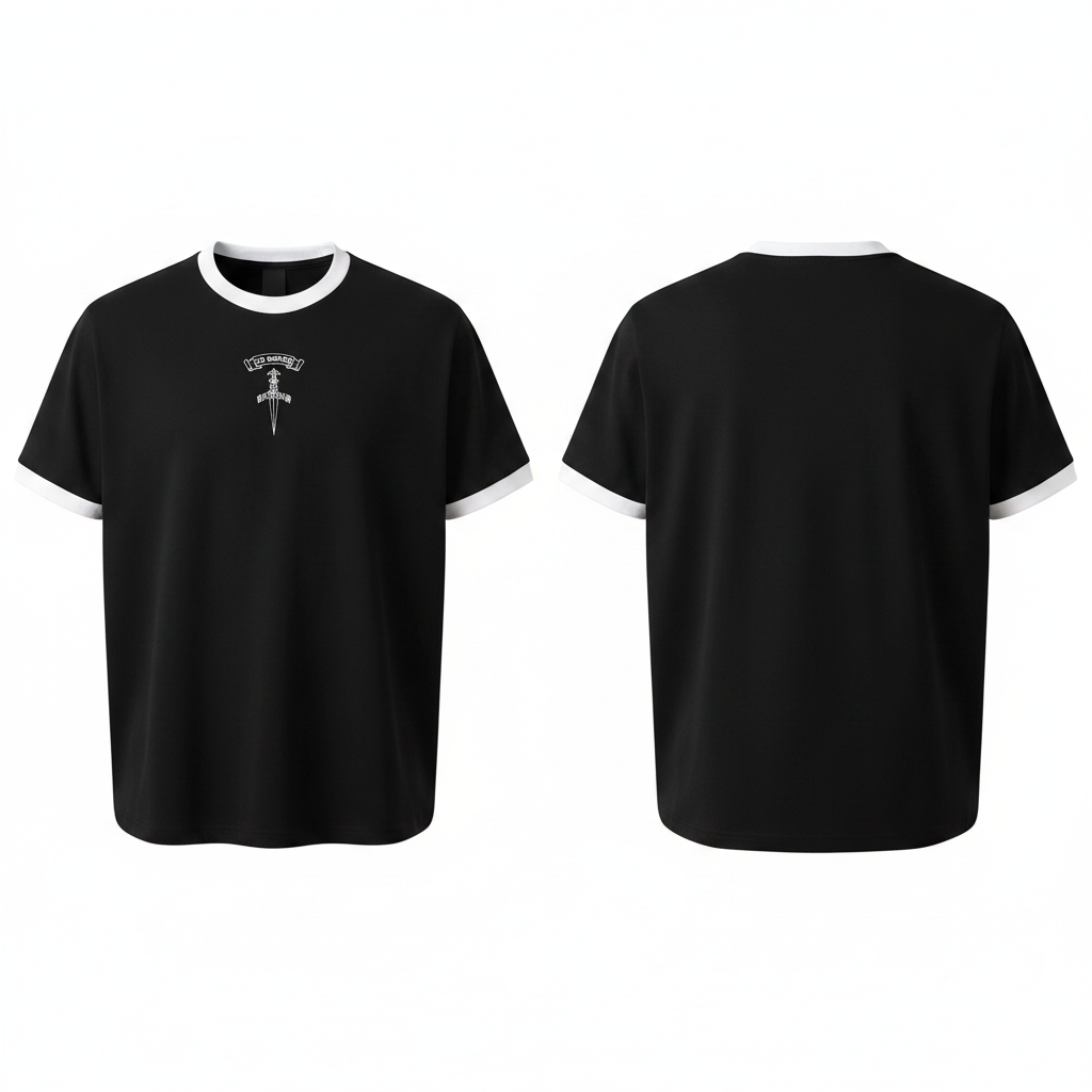 Men's black white contrast ringer dagger embroidered T-shirt ghost mannequin front and back view