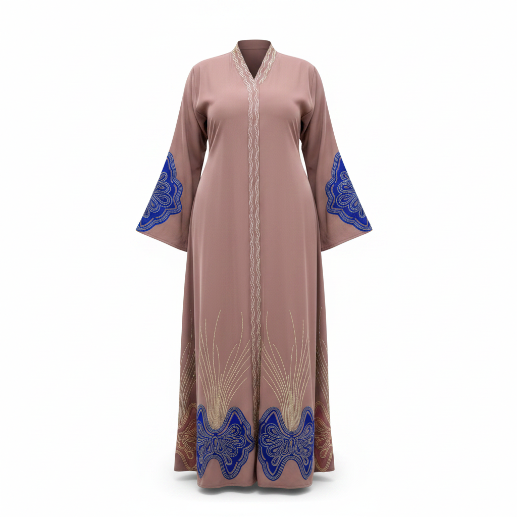 Dusty rose abaya with blue embroidery ghost mannequin front view
