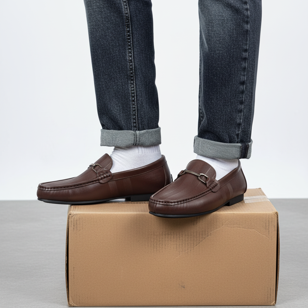 Men's Dark Brown Textured Leather Buckle-Bar Loafers – Leg Model Shot