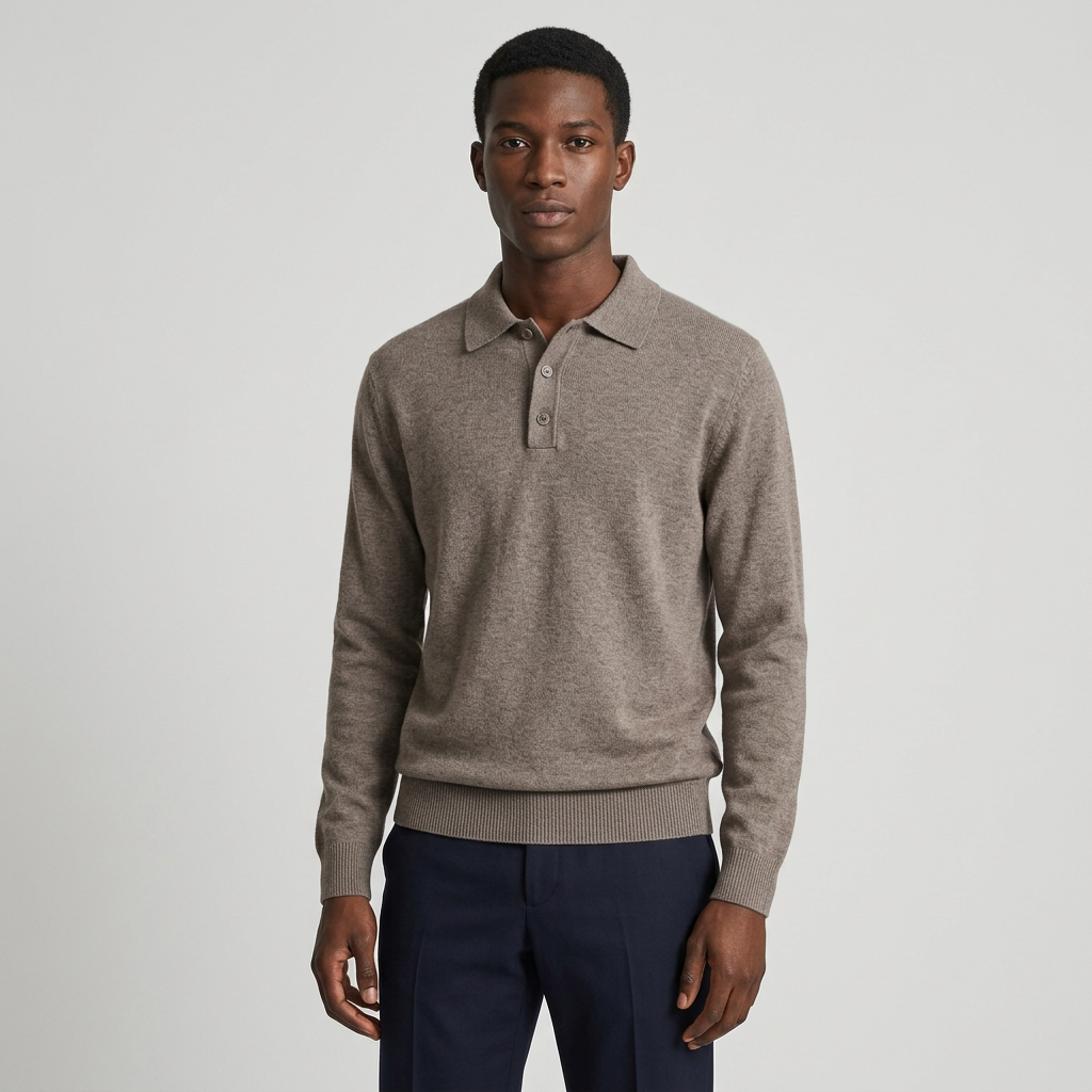 Nigerian man wearing taupe-grey textured long-sleeve knit polo