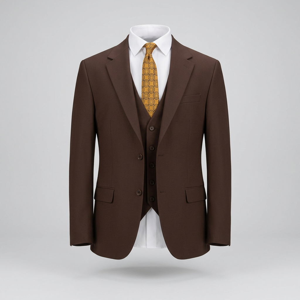 Dark brown notch-lapel suit jacket and waistcoat in ghost mannequin styling