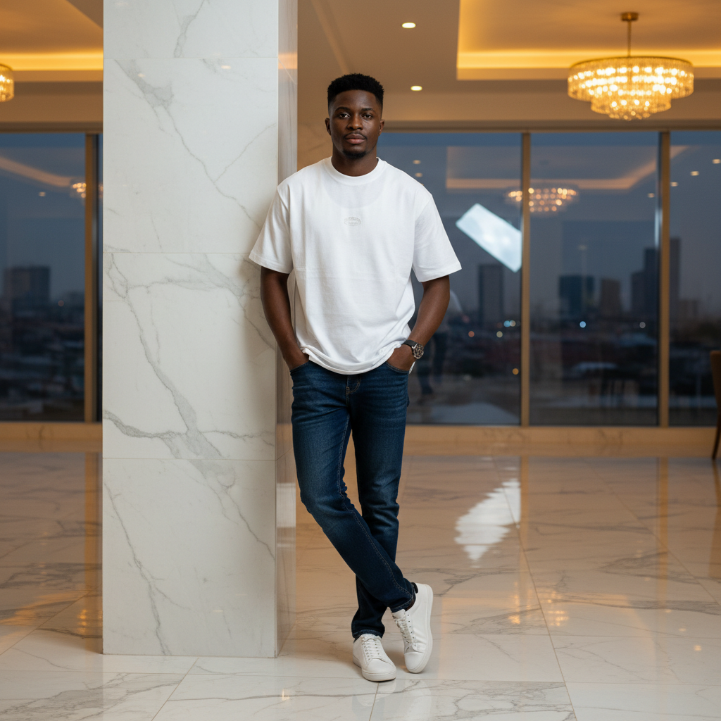 White Tonal Logo Oversized Round-Neck Tee – Model Shot