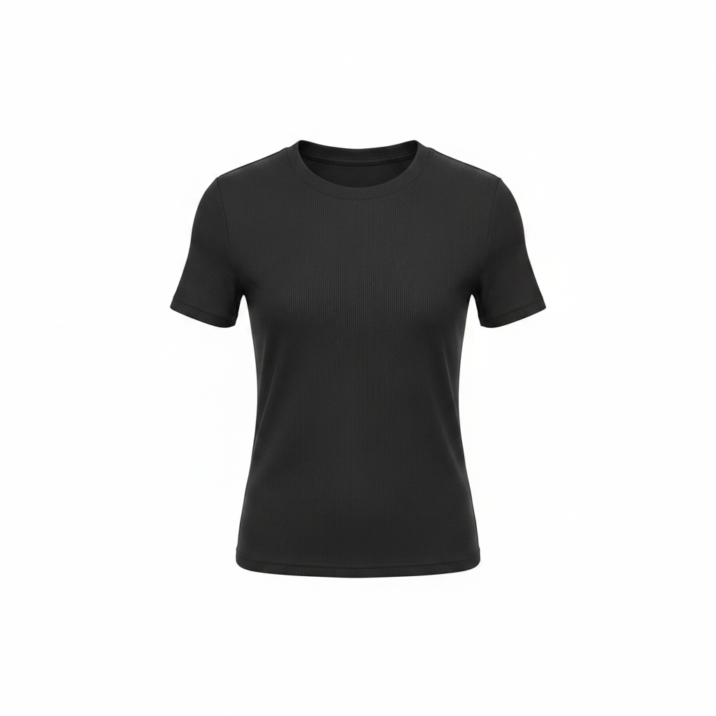 Women's dark charcoal ribbed textured short-sleeve crew neck tee - ghost mannequin front view