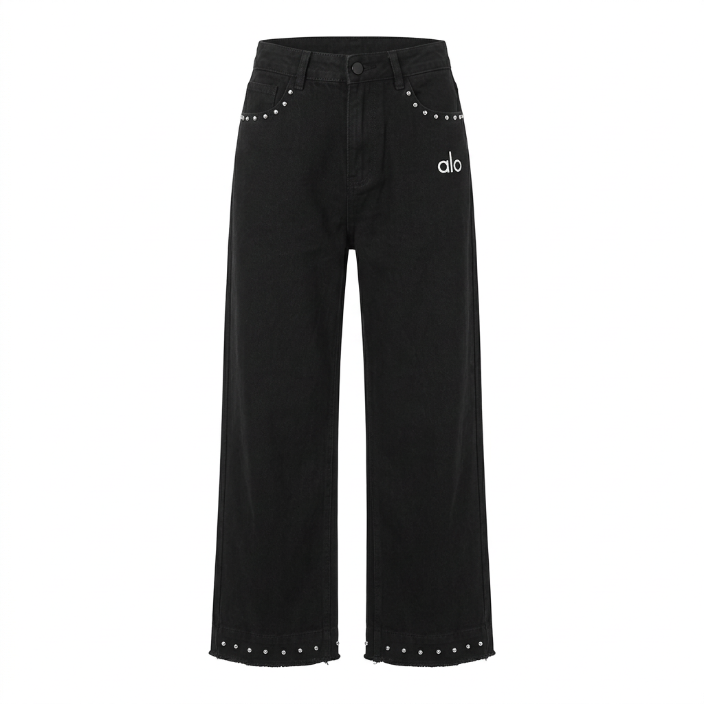 Black stud-trim wide-leg jeans ghost mannequin on white