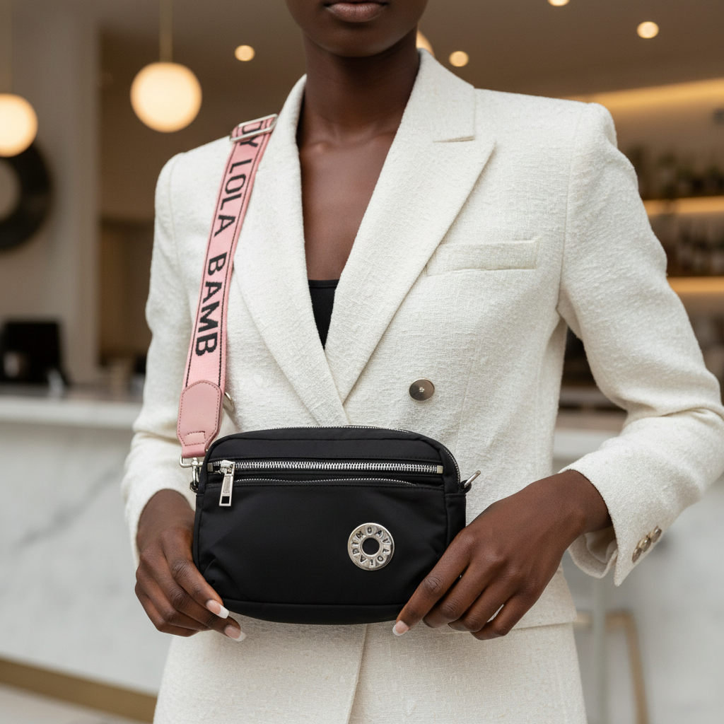 Bimba y Lola black crossbody bag worn by model close-up