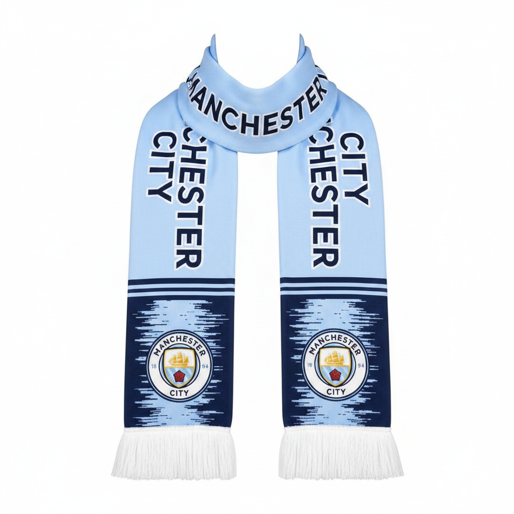 Sky blue and navy football fan scarf ghost mannequin front view
