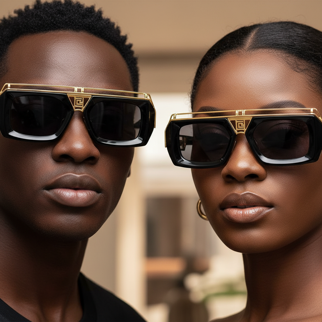 Nigerian male and female models wearing oversized flat-top sunglasses black acetate frame dark grey lens gold geometric hardware