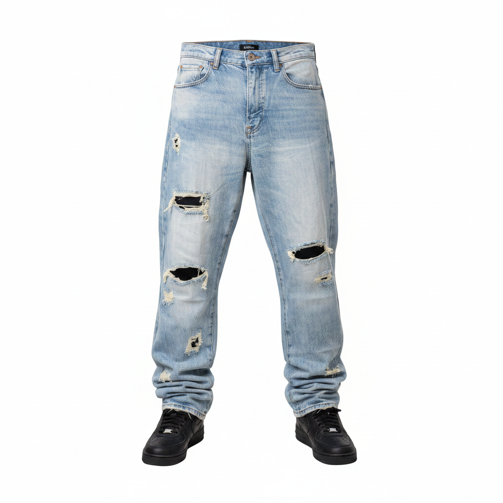 Men's light blue heavy distressed multi-rip baggy denim jeans ghost mannequin front view