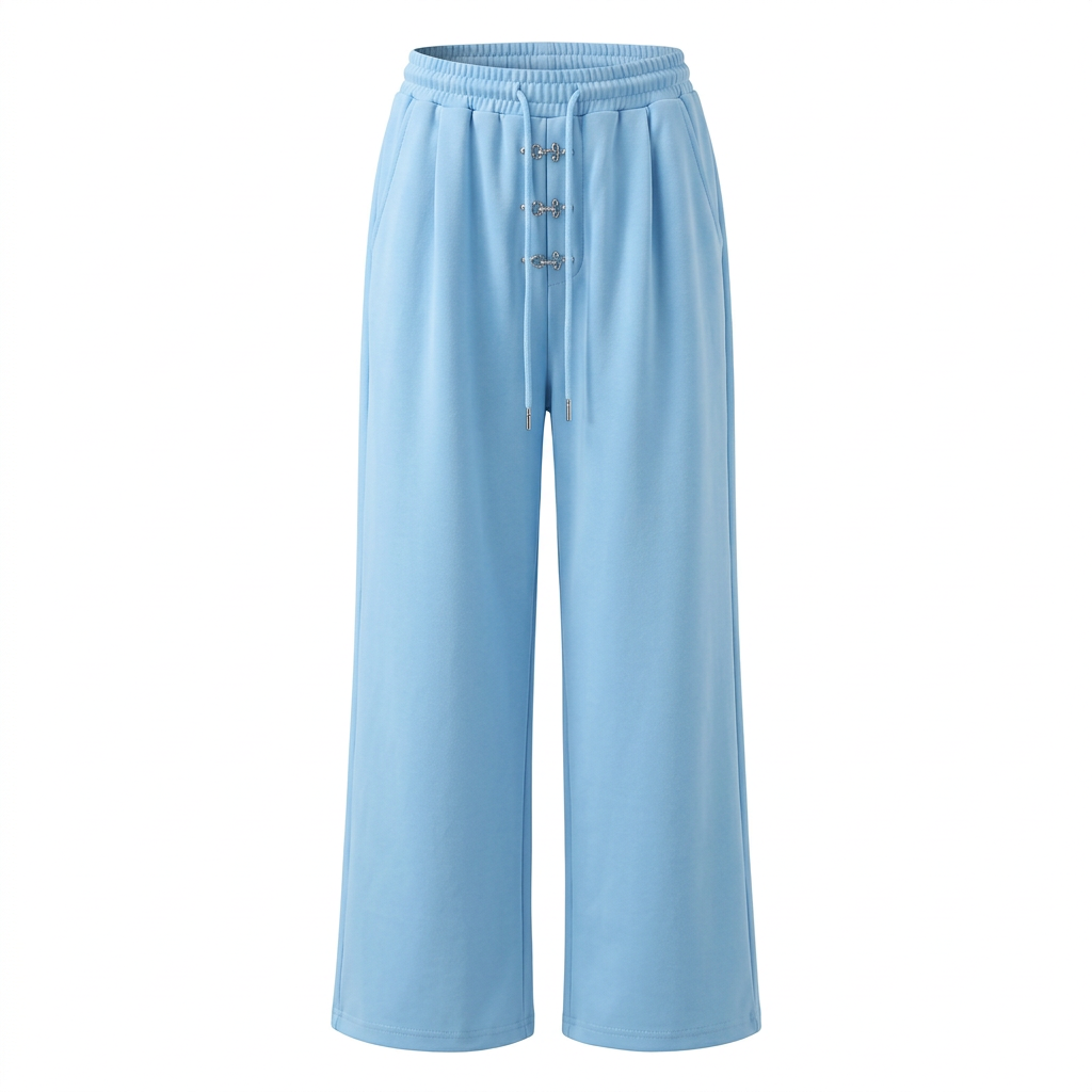 Light-blue wide-leg drawstring trousers with three silver-tone front details on an invisible mannequin