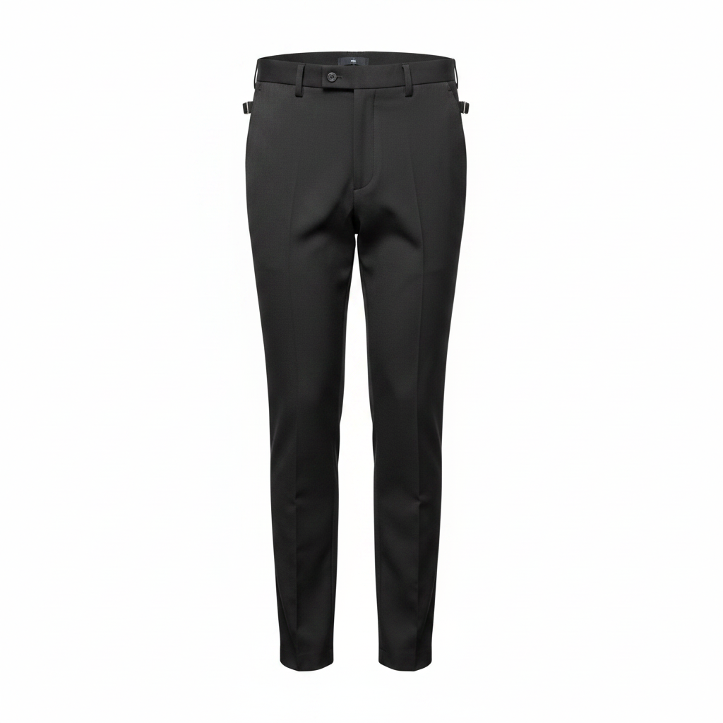 Men's black slim-fit dress trousers ghost mannequin front view