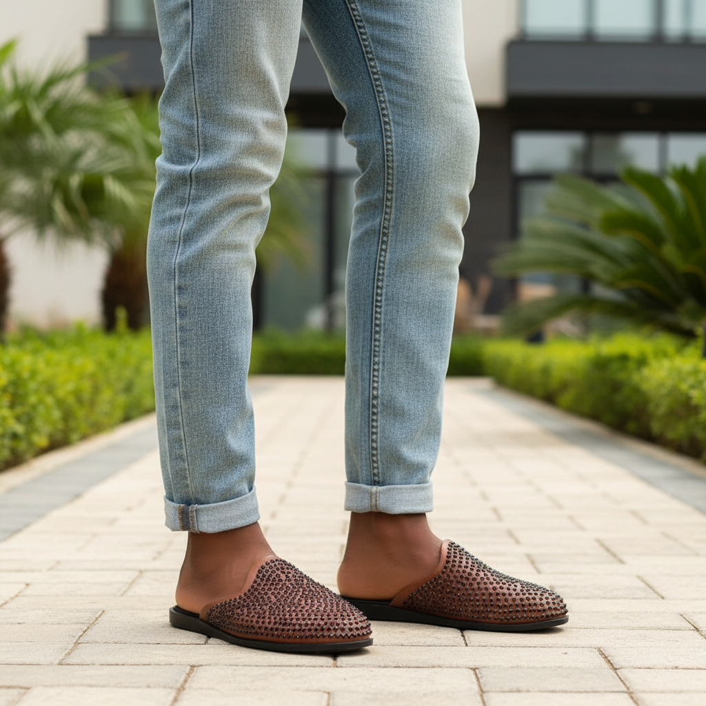Nigerian male model wearing brown studded mule shoes leg focus shot