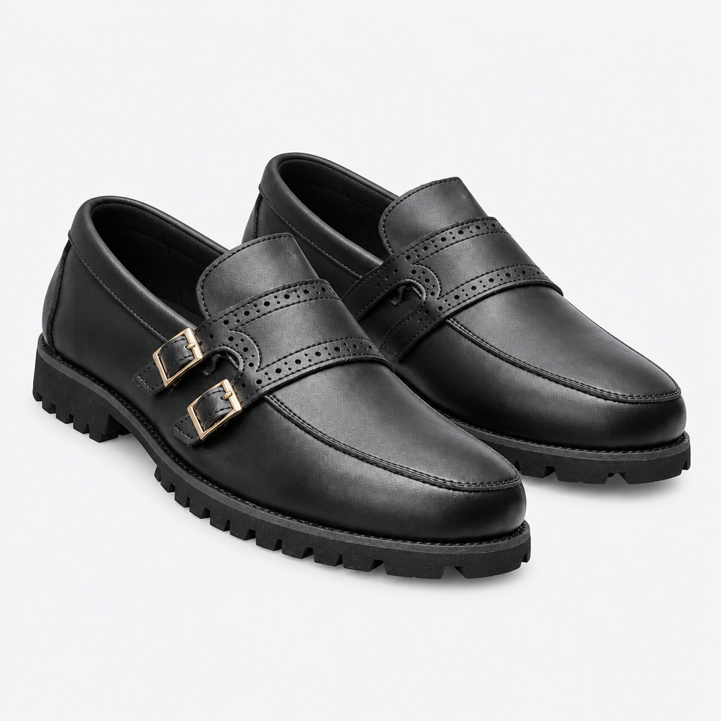 Black men's double-buckle brogue loafers shown as a complete pair