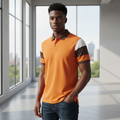 Young Nigerian male model wearing orange brown colourblock sleeve polo shirt