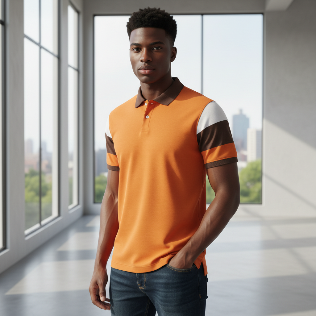 Young Nigerian male model wearing orange brown colourblock sleeve polo shirt