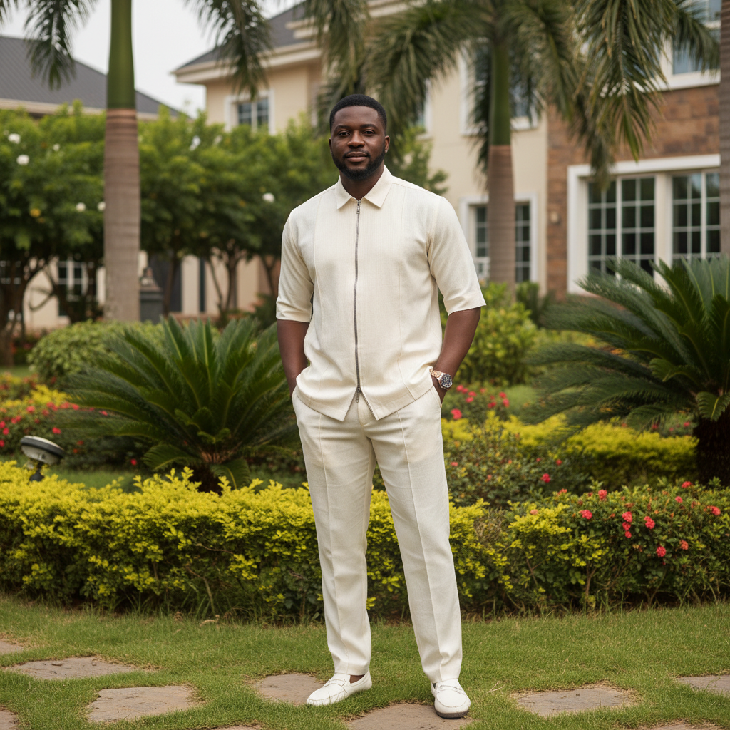 Men's Long-Sleeve Zip Co-ord Set – Model Shot Cream