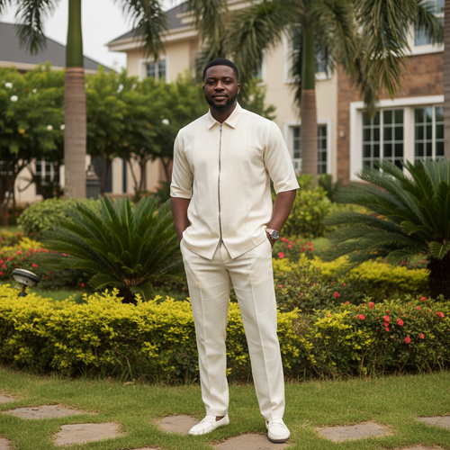 Men's Long-Sleeve Zip Co-ord Set – Model Shot Cream