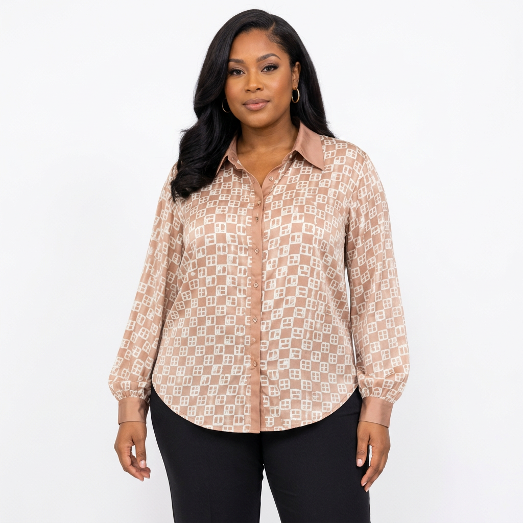 Black female model wearing a blush geometric contrast-collar blouse on white