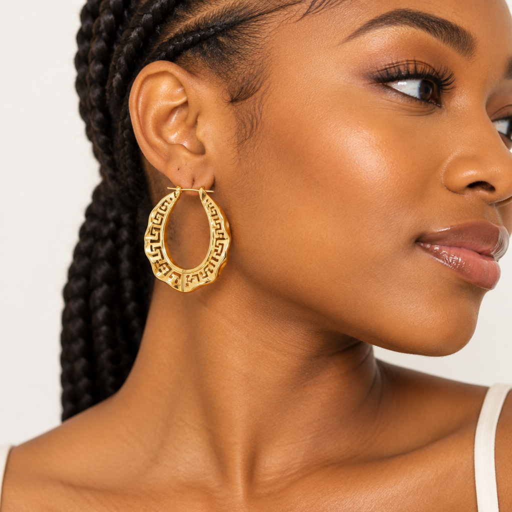Gold Greek Key Scalloped Oval Hoop Earrings – Model Shot