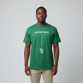 Model wearing the green South Side graphic t-shirt