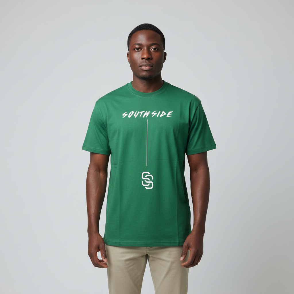 Model wearing the green South Side graphic t-shirt