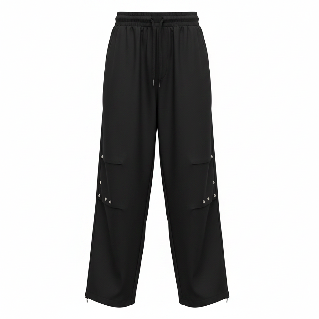 Men's black wide-leg jogger pants ghost mannequin front view white background