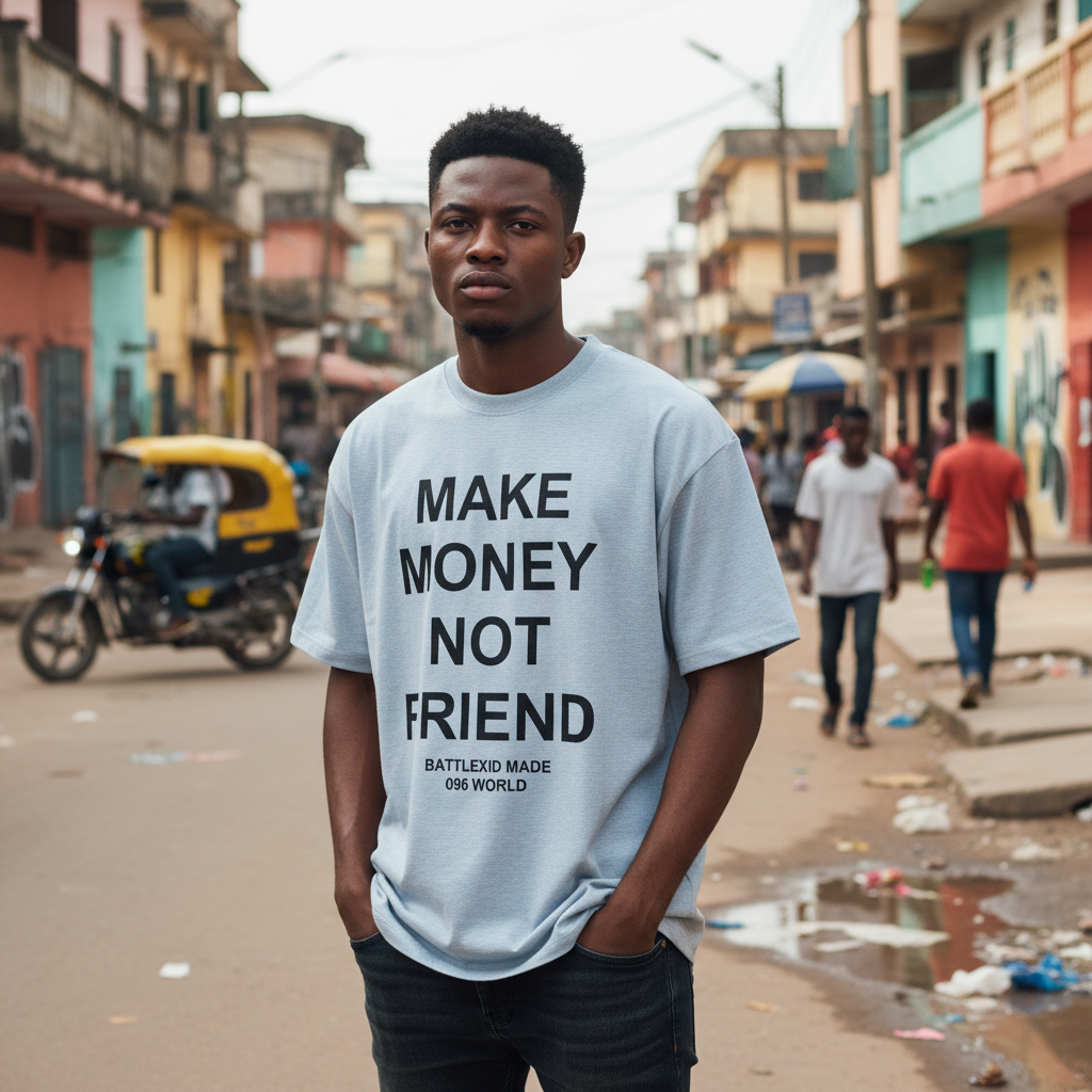 Young Nigerian male model wearing Make Money Not Friend light blue tee