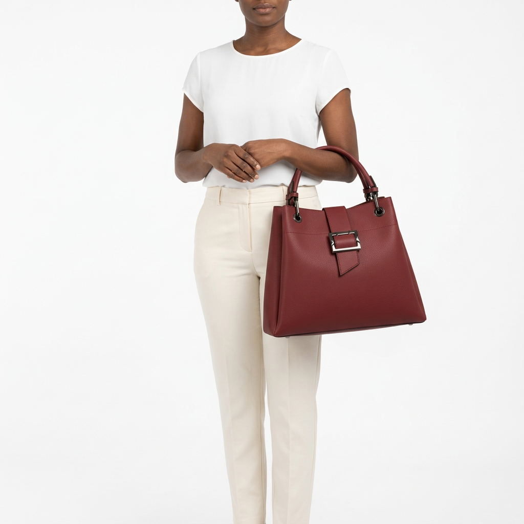Black female model carrying the burgundy buckle-detail tote on white