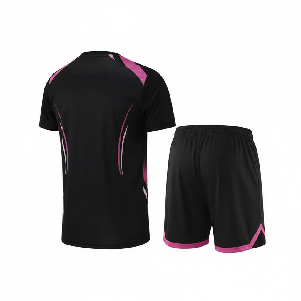 Ghost mannequin back view of black and pink sports jersey set