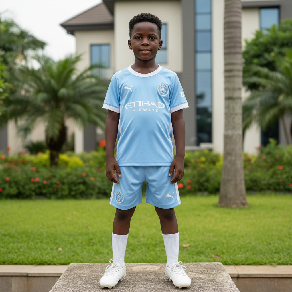 Nigerian child model wearing sky blue football jersey set with white football boots
