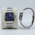 Santos square silver steel case navy blue dial men's watch front and side view