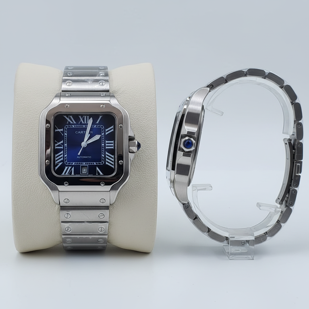 Santos square silver steel case navy blue dial men's watch front and side view