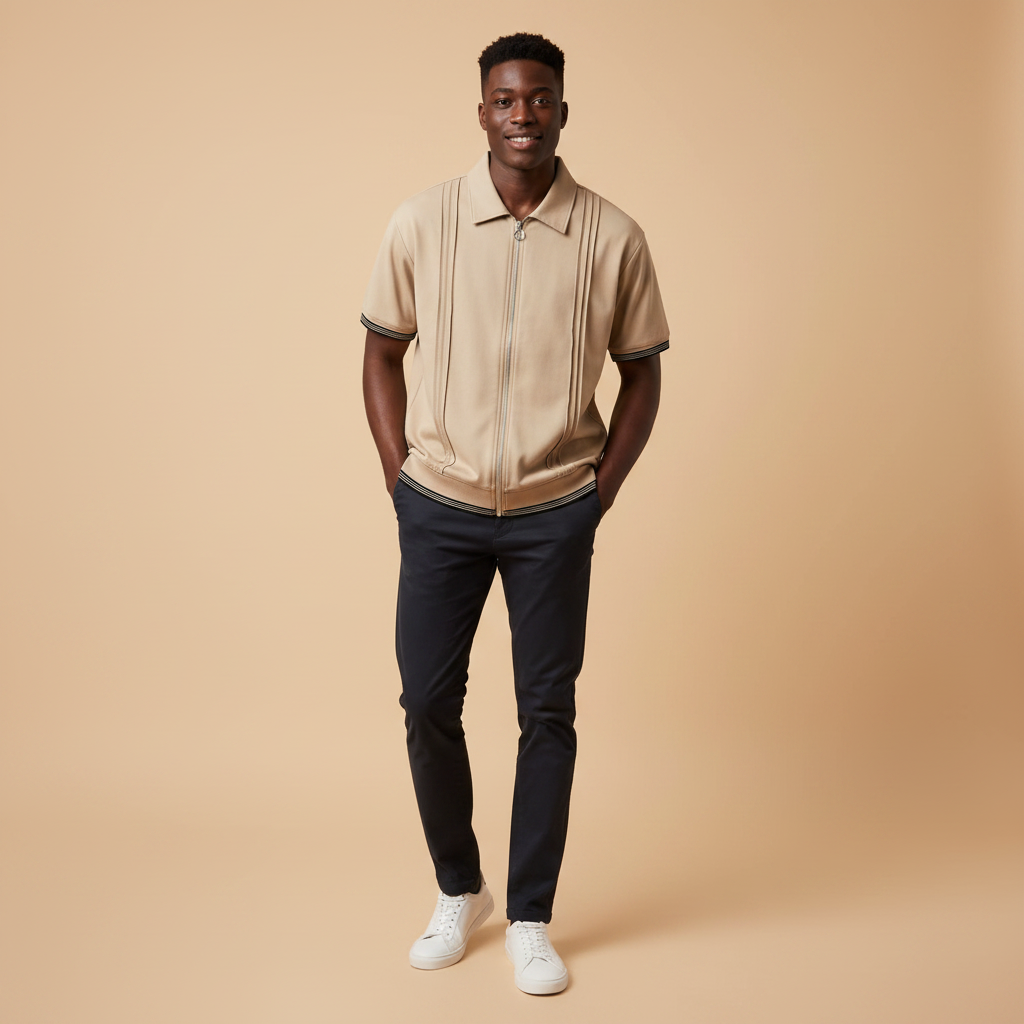 Chukmore Beige Full-Zip Polo Shirt with Pintuck Detail - Model Shot