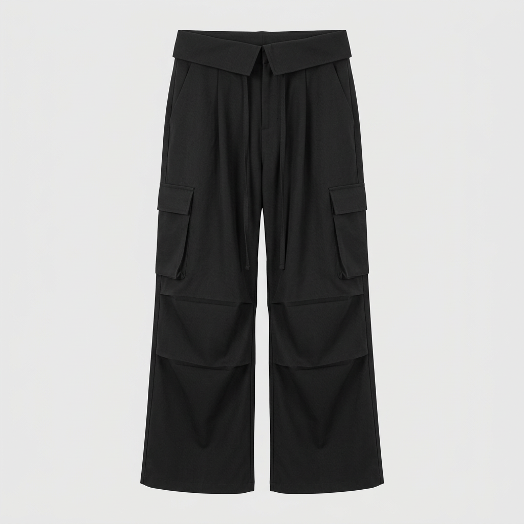 Black wide-leg cargo trousers, ghost mannequin front view