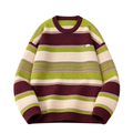 Burgundy lime-green and cream striped crew-neck knit sweater on a white background