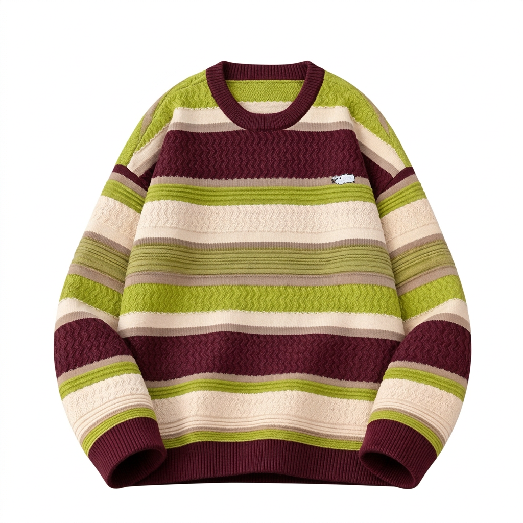Burgundy lime-green and cream striped crew-neck knit sweater on a white background