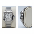 Santos square silver steel case white dial blue hands men's watch front and side view