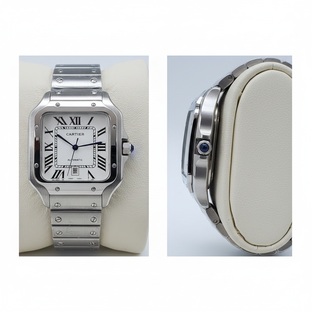Santos square silver steel case white dial blue hands men's watch front and side view