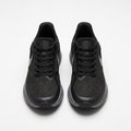 Front view of matching black mesh sneakers with grey side accents