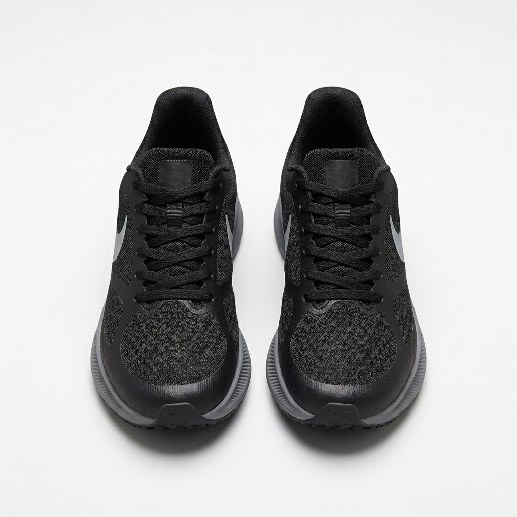 Front view of matching black mesh sneakers with grey side accents