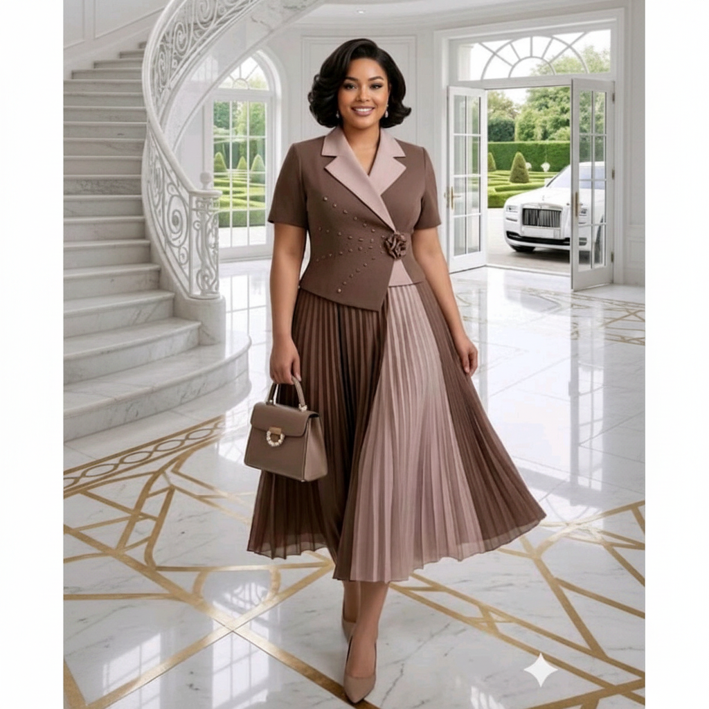 Black Nigerian female model wearing brown pleated two-tone midi gown