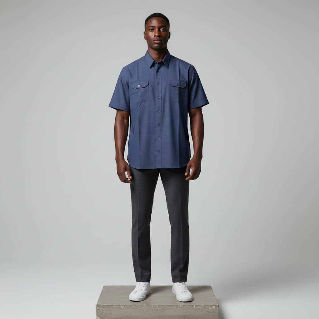 Navy Blue Micro-Check Short-Sleeved Shirt - Model Shot