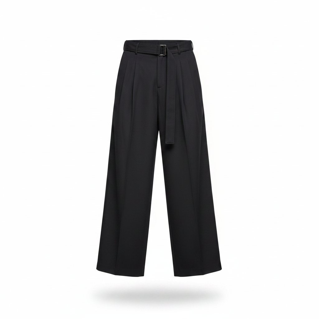 Wide-leg belted pleated trousers in black ghost mannequin view