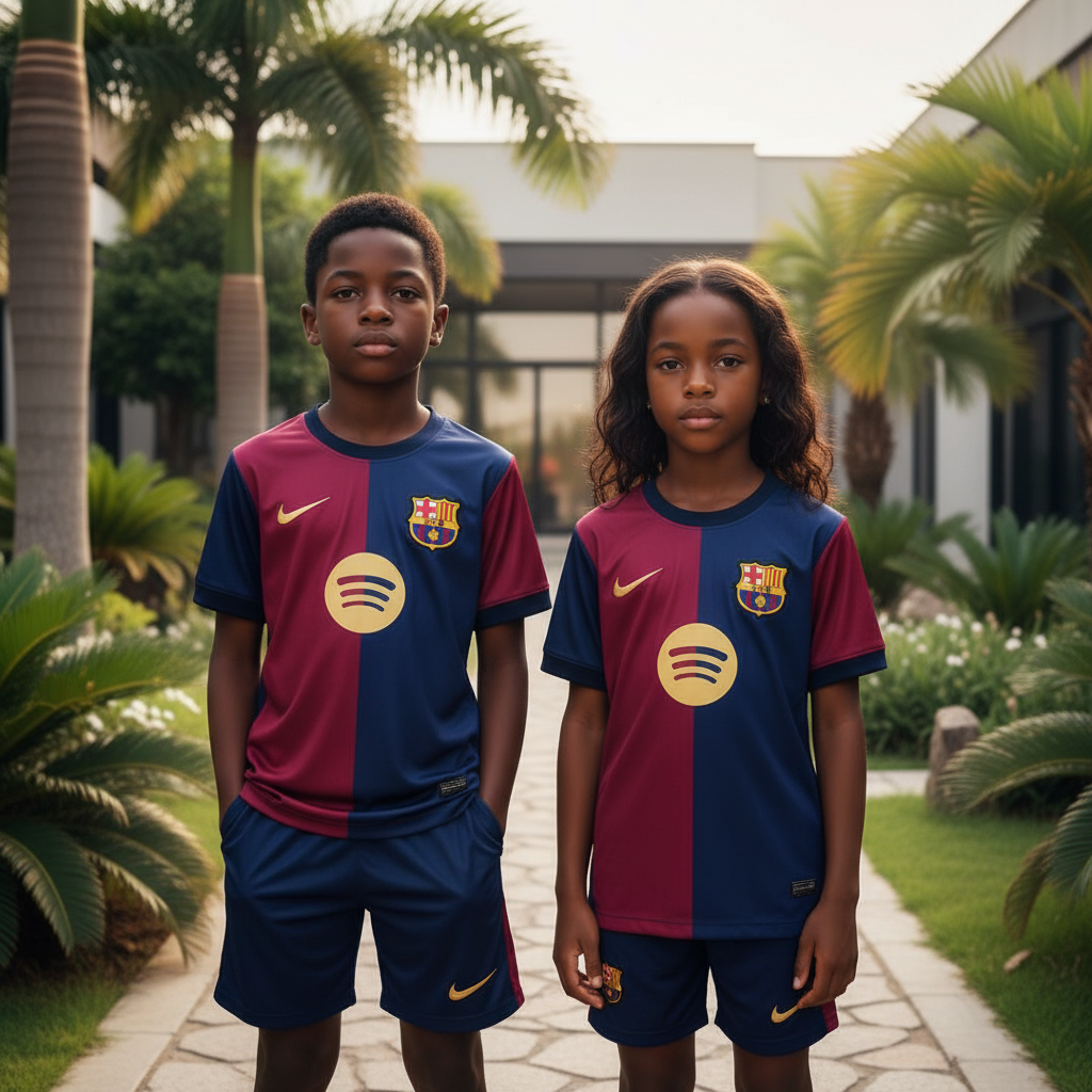Nigerian boy and girl wearing navy and maroon split kids football jersey set
