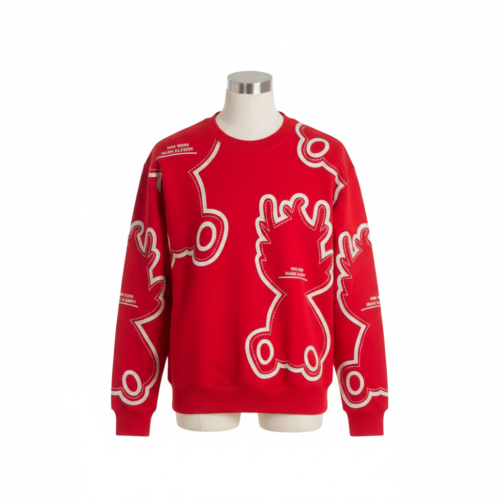 Unisex Red Cartoon Bear All-Over Print Crew-Neck Sweatshirt – Mannequin View