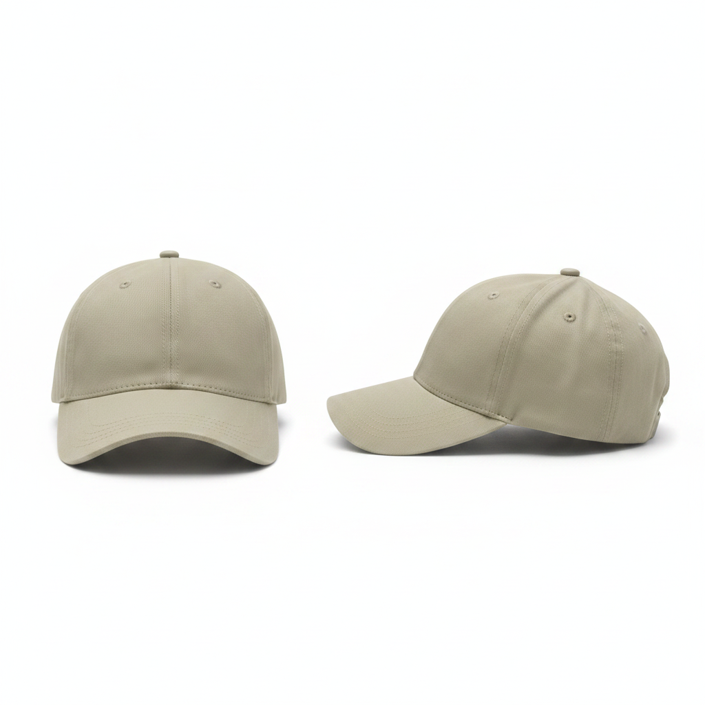 Plain solid light khaki beige baseball cap ghost mannequin front and side view